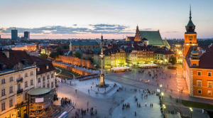 Aerial view of Warsaw Old Town at twilight
